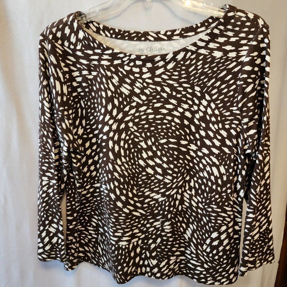 Dark Brown white print Chico's cotton long sleeve top size 1 (medium-8)